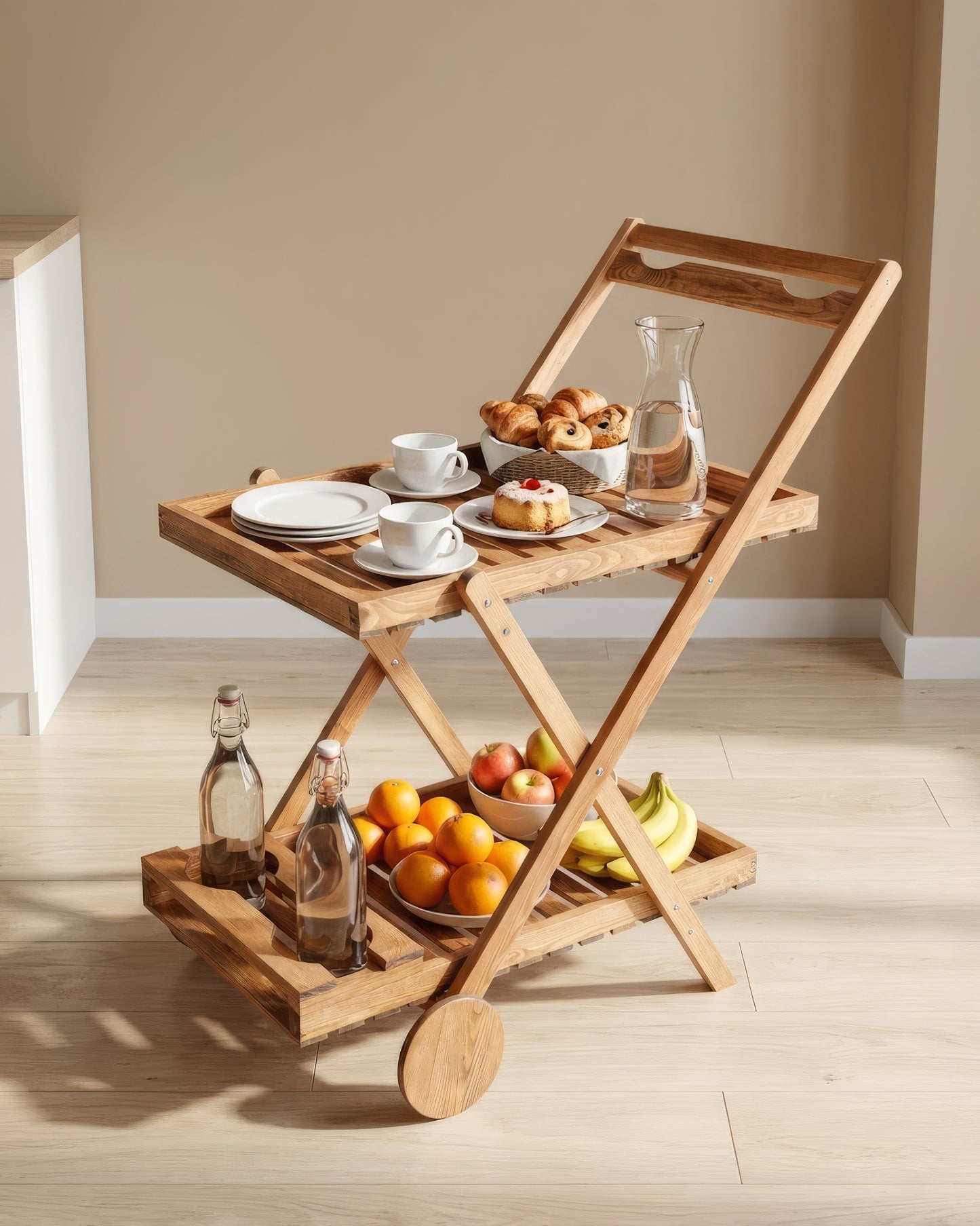 Chariot de Service Pliable en Bois Naturel