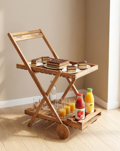 Chariot de Service Pliable en Bois Naturel