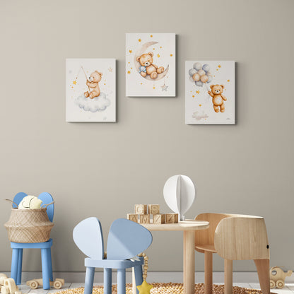 Lot de 3 Tableaux en Toile "Ours et Lune"