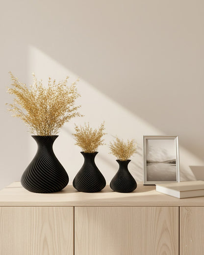 Set de 3 Vases Décoratifs Spiralés en Polymère – Noir Mat