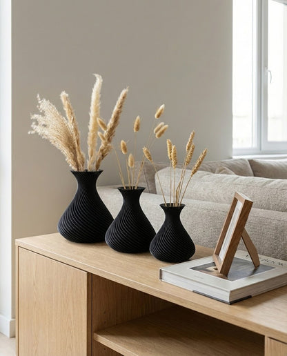 Set de 3 Vases Décoratifs Spiralés en Polymère – Noir Mat